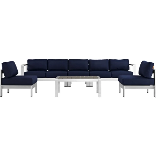 Shore 6 Piece Outdoor Patio Aluminum Sofa Set with Navy Cushions