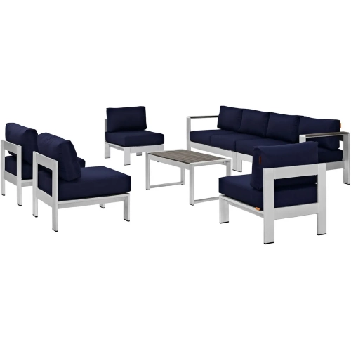 Shore 7 Piece Outdoor Patio Aluminum Sofa Set with Navy Cushions