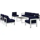 Shore 7 Piece Outdoor Patio Aluminum Sofa Set with Navy Cushions