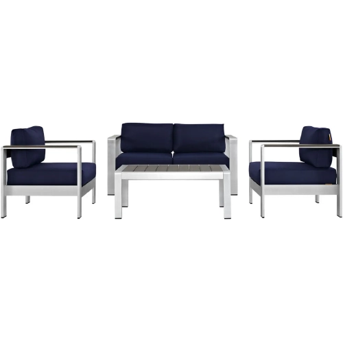 Shore 4 Piece Outdoor Patio Aluminum Loveseat & Arm Chairs Set with Navy Cushions