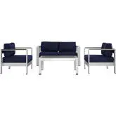 Shore 4 Piece Outdoor Patio Aluminum Loveseat & Arm Chairs Set with Navy Cushions