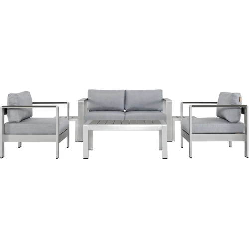 Shore 6 Piece Outdoor Patio Aluminum Loveseat & Arm Chairs Set with Gray Cushions