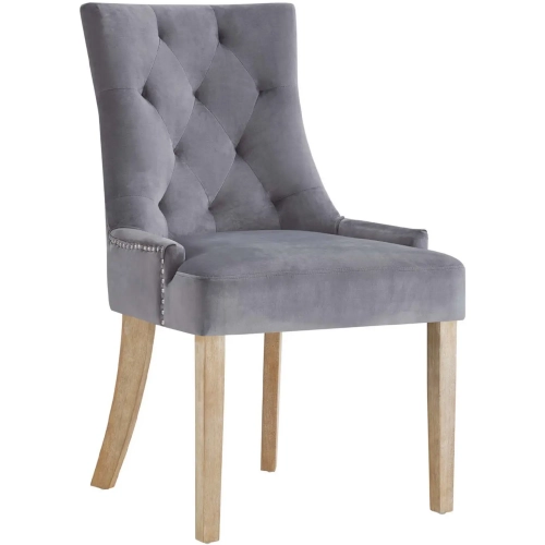 Pose Dining Chair in Tufted Gray Velvet with Nailhead on Natural Wood Legs