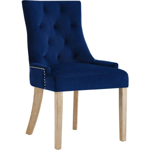 Pose Dining Chair in Tufted Navy Velvet with Nailhead on Natural Wood Legs