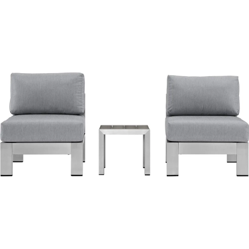 Shore 3 Piece Outdoor Patio Aluminum Chair & Side Table Set with Gray Cushions