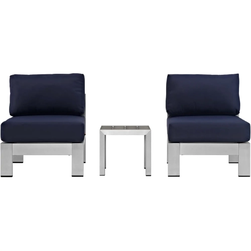 Shore 3 Piece Outdoor Patio Aluminum Chair & Side Table Set with Navy Cushions