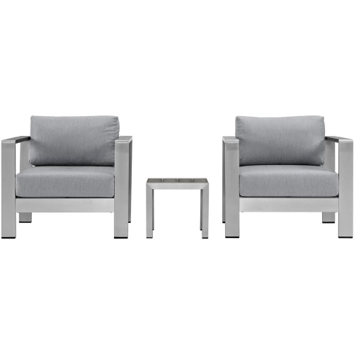 Shore 3 Piece Outdoor Patio Aluminum Arm Chair & Side Table Set with Gray Cushions