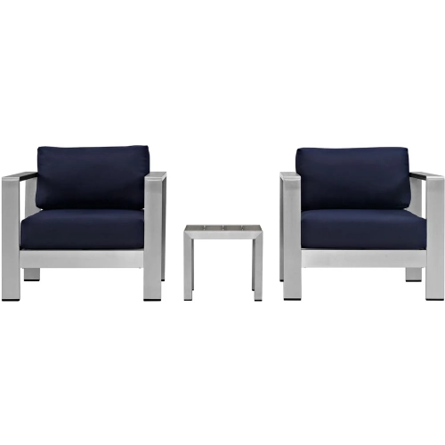 Shore 3 Piece Outdoor Patio Aluminum Arm Chair &amp; Side Table Set with Navy Cushions