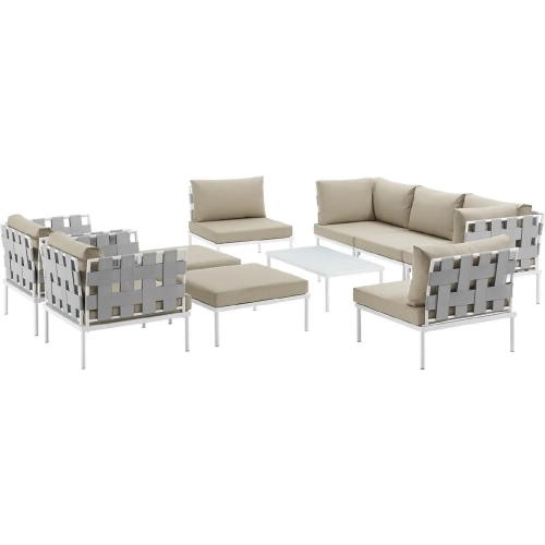 Harmony 10 Piece Outdoor Sectional Sofa Set in White with Beige Fabric