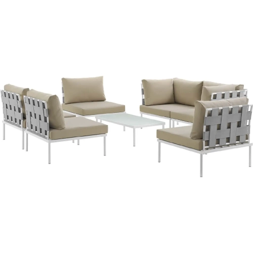 Harmony 7 Piece Outdoor Sectional Sofa Set in White with Beige Fabric