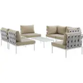 Harmony 7 Piece Outdoor Sectional Sofa Set in White with Beige Fabric