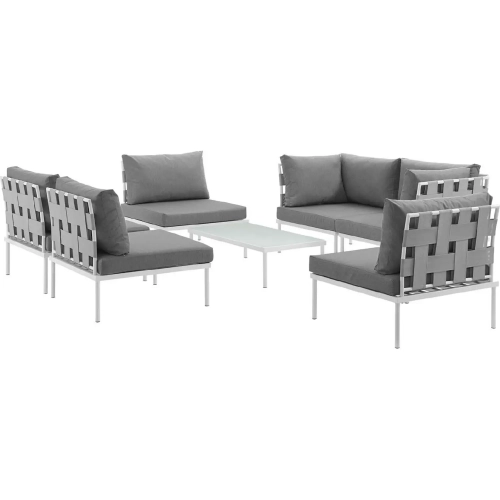 Harmony 7 Piece Outdoor Sectional Sofa Set in White with Gray Fabric