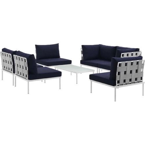 Harmony 7 Piece Outdoor Sectional Sofa Set in White with Navy Blue Fabric