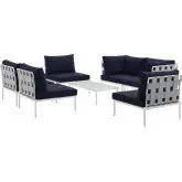 Harmony 7 Piece Outdoor Sectional Sofa Set in White with Navy Blue Fabric