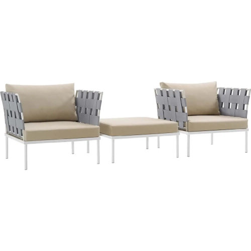 Harmony 3 Piece Outdoor Arm Chair Set in White with Beige Fabric