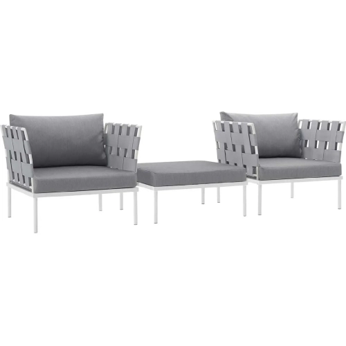 Harmony 3 Piece Outdoor Arm Chair Set in White with Gray Fabric