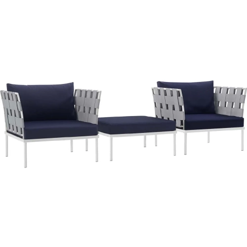 Harmony 3 Piece Outdoor Arm Chair Set in White with Navy Blue Fabric