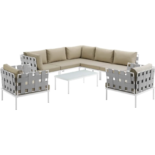 Harmony 8 Piece Outdoor Sectional Sofa Set in White with Beige Fabric