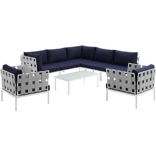 Harmony 8 Piece Outdoor Sectional Sofa Set in White with Navy Blue Fabric