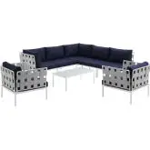 Harmony 8 Piece Outdoor Sectional Sofa Set in White with Navy Blue Fabric