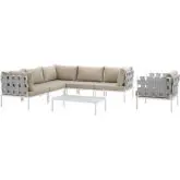 Harmony 7 Piece Outdoor Sectional Sofa Set in White with Beige Fabric