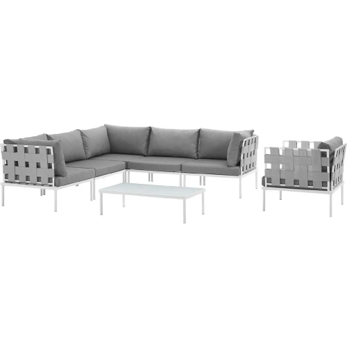 Harmony 7 Piece Outdoor Sectional Sofa Set in White with Gray Fabric