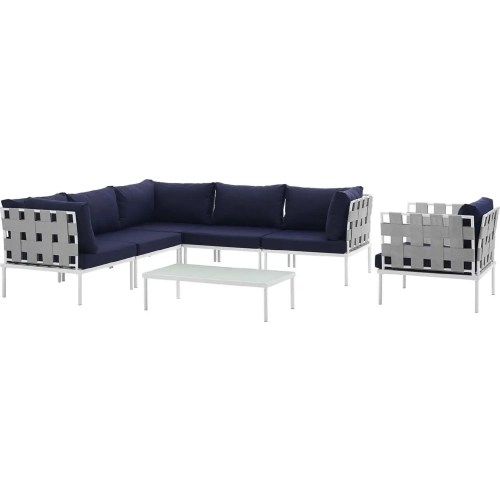 Harmony 7 Piece Outdoor Sectional Sofa Set in White with Navy Blue Fabric