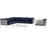 Harmony 7 Piece Outdoor Sectional Sofa Set in White with Navy Blue Fabric