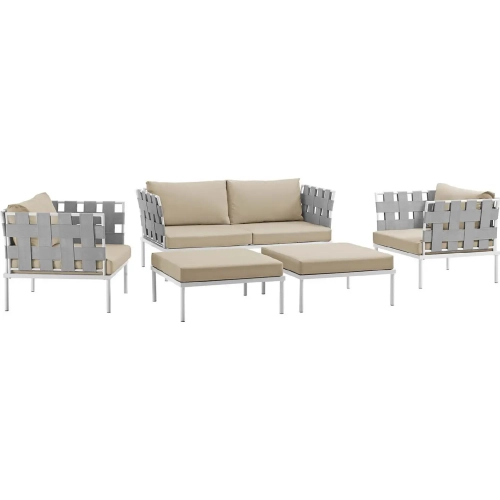 Harmony 5 Piece Outdoor Loveseat Set in White with Beige Fabric