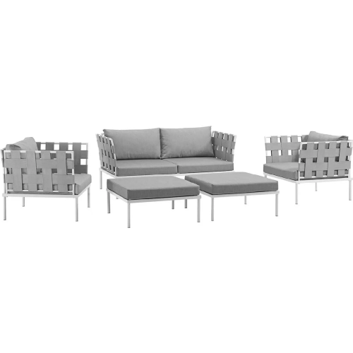 Harmony 5 Piece Outdoor Loveseat Set in White with Gray Fabric