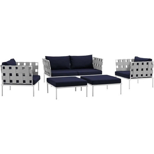 Harmony 5 Piece Outdoor Loveseat Set in White with Navy Blue Fabric