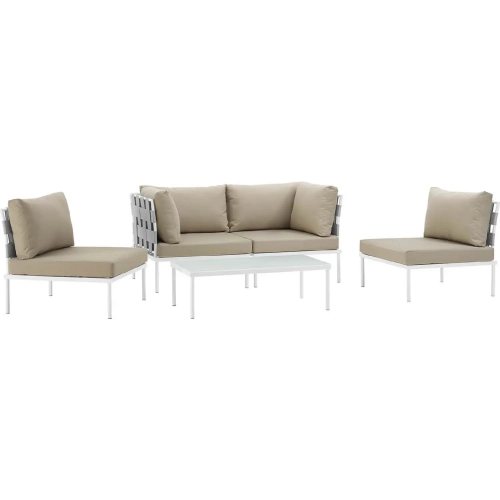 Harmony 5 Piece Outdoor Sectional Sofa Set in White with Beige Fabric