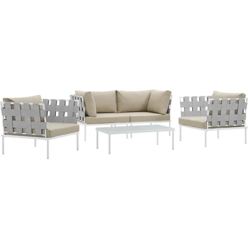 Harmony 5 Piece Outdoor Sectional Sofa Set in White with Beige Fabric