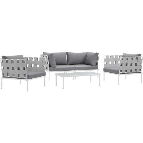 Harmony 5 Piece Outdoor Sectional Sofa Set in White with Gray Fabric