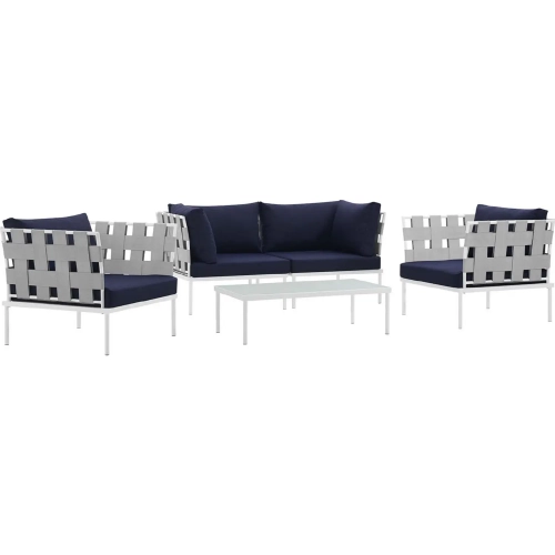 Harmony 5 Piece Outdoor Sectional Sofa Set in White with Navy Blue Fabric