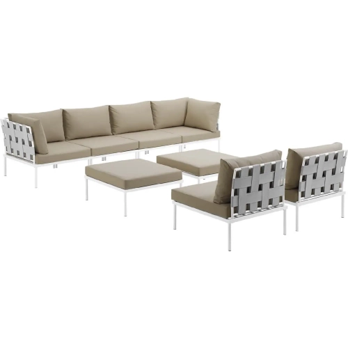 Harmony 8 Piece Outdoor Sectional Sofa Set in White with Beige Fabric