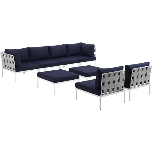 Harmony 8 Piece Outdoor Sectional Sofa Set in White with Navy Blue Fabric