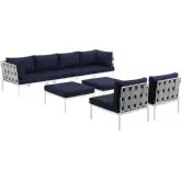 Harmony 8 Piece Outdoor Sectional Sofa Set in White with Navy Blue Fabric