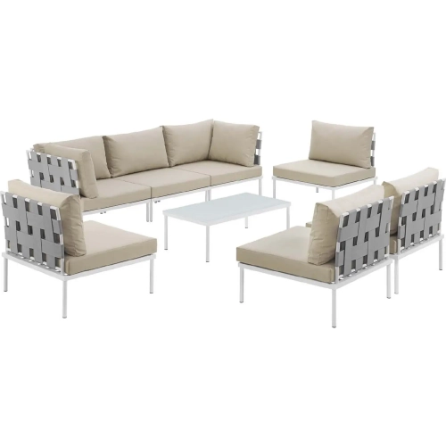 Harmony 8 Piece Outdoor Sectional Sofa Set in White with Beige Fabric