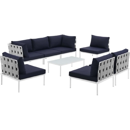 Harmony 8 Piece Outdoor Sectional Sofa Set in White with Navy Blue Fabric