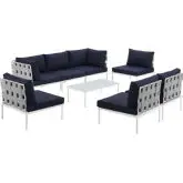 Harmony 8 Piece Outdoor Sectional Sofa Set in White with Navy Blue Fabric