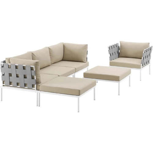 Harmony 6 Piece Outdoor Sectional Sofa Set in White with Beige Fabric