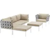 Harmony 6 Piece Outdoor Sectional Sofa Set in White with Beige Fabric