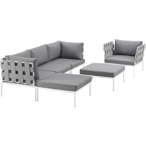 Harmony 6 Piece Outdoor Sectional Sofa Set in White with Gray Fabric