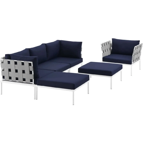 Harmony 6 Piece Outdoor Sectional Sofa Set in White with Navy Blue Fabric