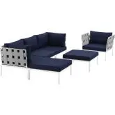 Harmony 6 Piece Outdoor Sectional Sofa Set in White with Navy Blue Fabric