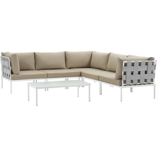 Harmony 6 Piece Outdoor Sectional Sofa Set in White with Beige Fabric