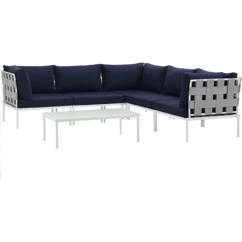 Harmony 6 Piece Outdoor Sectional Sofa Set in White with Navy Blue Fabric