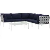 Harmony 6 Piece Outdoor Sectional Sofa Set in White with Navy Blue Fabric