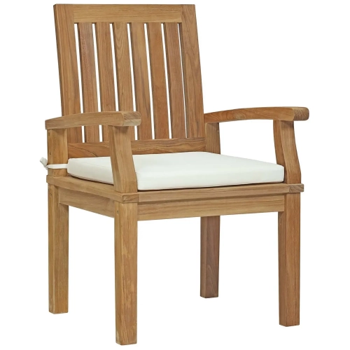 Marina Outdoor Patio Dining Arm Chair in Teak with White Cushion